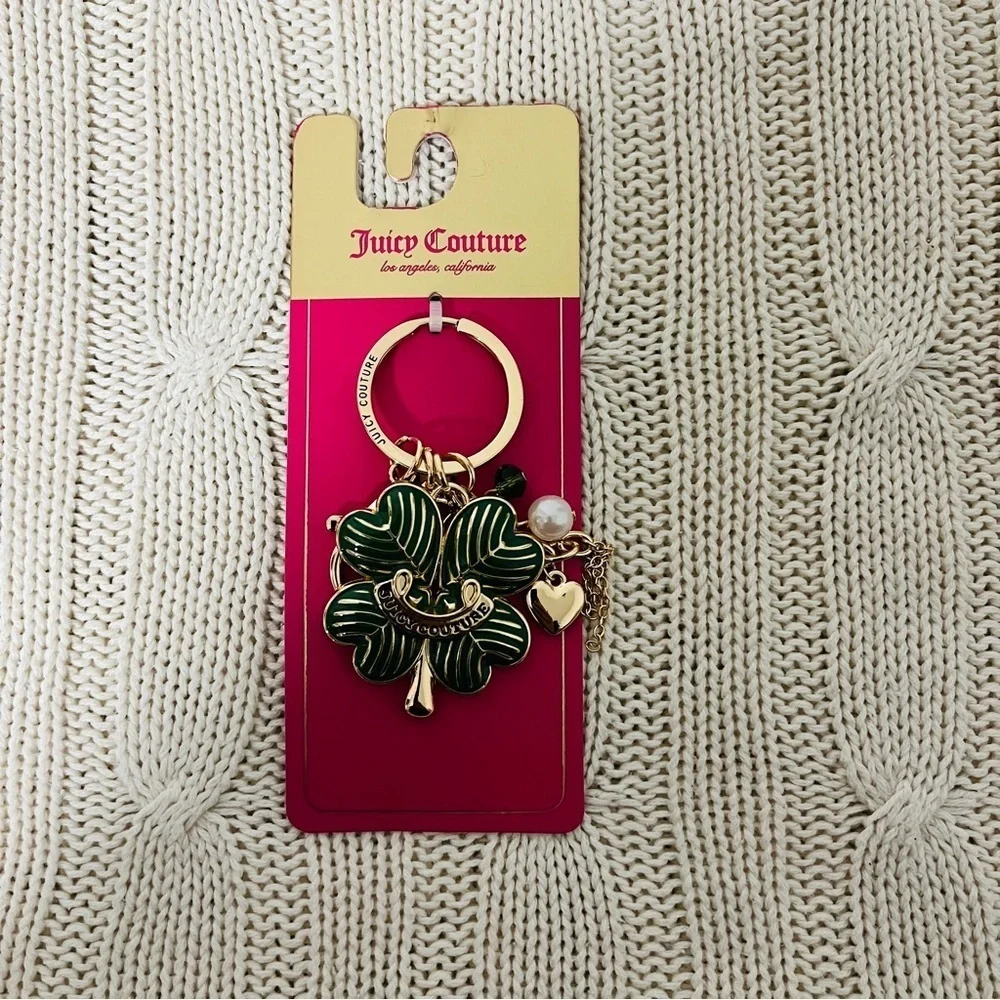 Juicy Couture New Lucky Clover Charm Keychain Gold and Green Accents Pearl